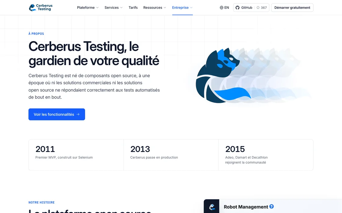 La nouvelle page À propos de Cerberus Testing, en français : le titre « Cerberus Testing, le gardien de votre qualité », son emblème, puis trois dates de son histoire.