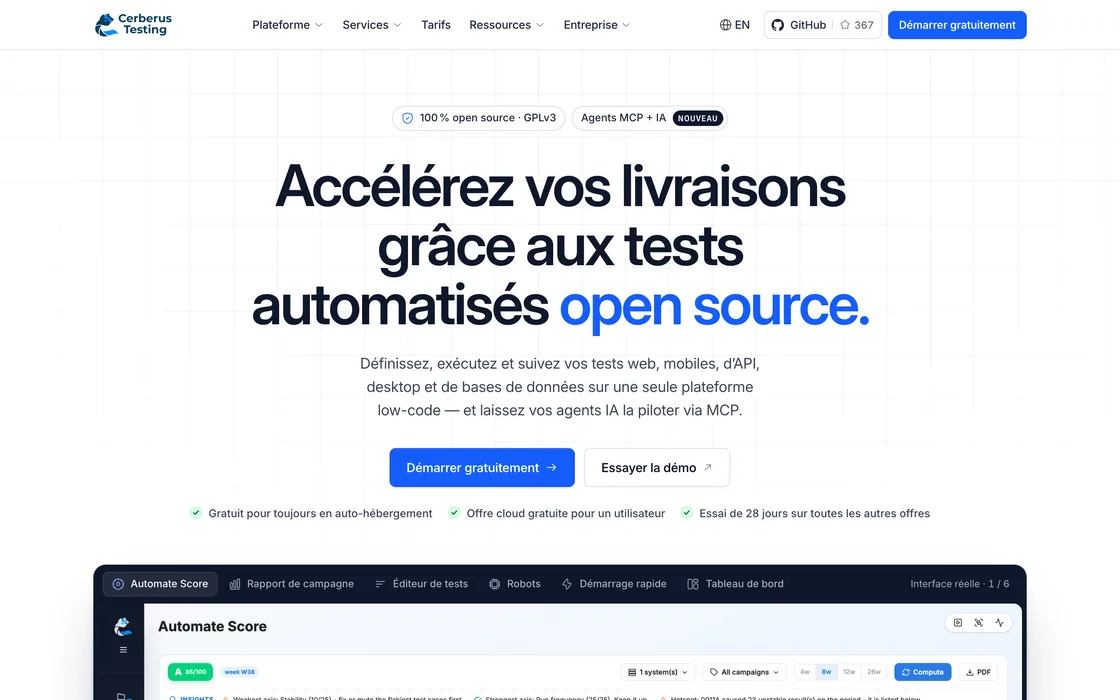 La nouvelle page d’accueil de Cerberus Testing, en français : le titre « Accélérez vos livraisons grâce aux tests automatisés open source », deux boutons, puis l’interface du logiciel.