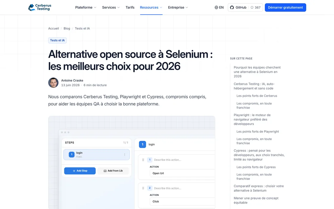 Un article du nouveau blog de Cerberus Testing, en français : « Alternative open source à Selenium : les meilleurs choix pour 2026 », avec son auteur, sa date et son sommaire.