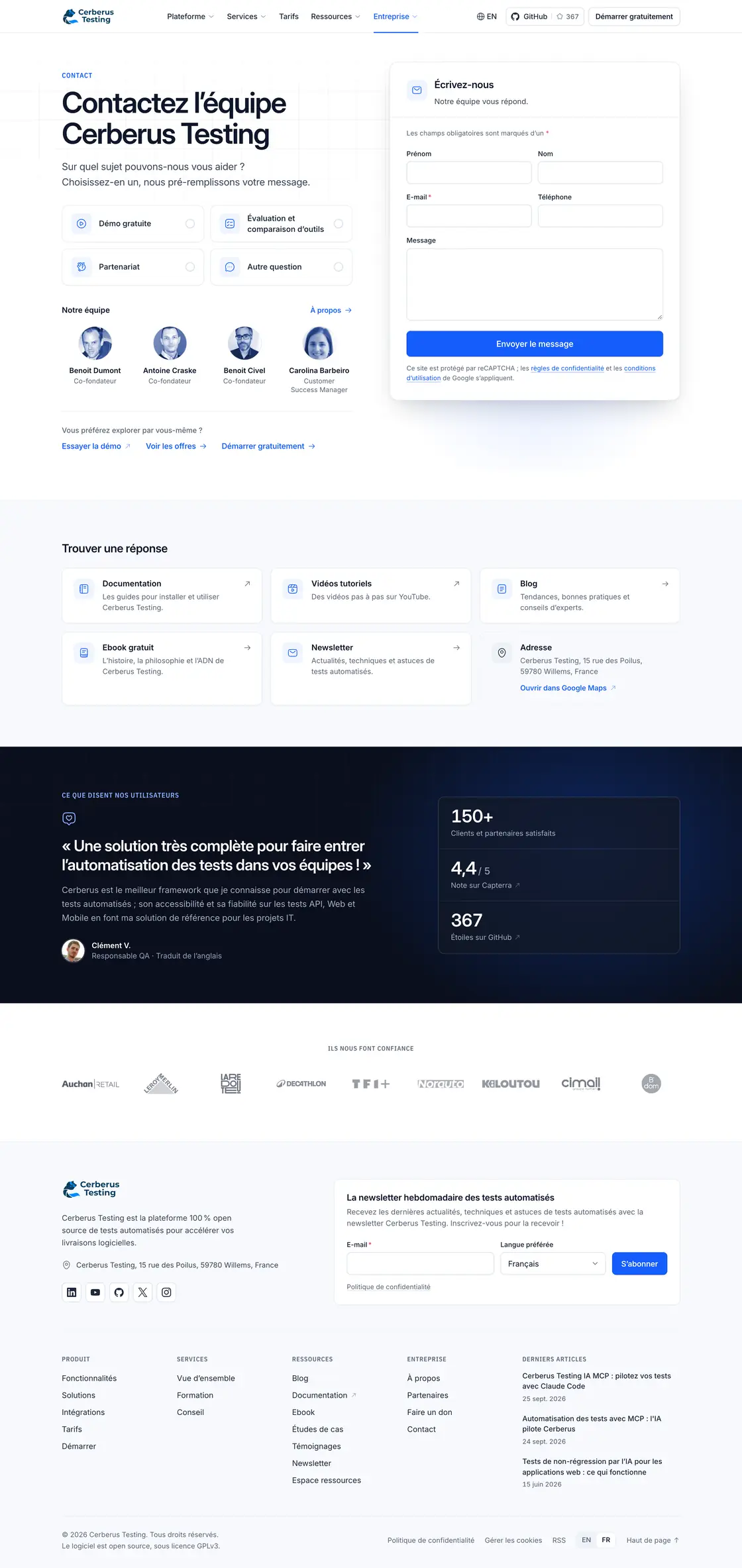 La nouvelle page Contact de Cerberus Testing, en français, en entier : le formulaire, l’équipe, des ressources, l’avis d’un utilisateur, les logos de ses clients et le pied de page.