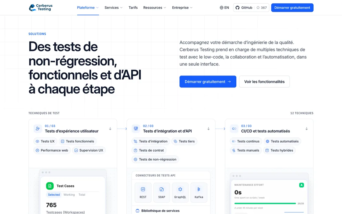 La nouvelle page Solutions de Cerberus Testing, en français : le titre « Des tests de non-régression, fonctionnels et d’API à chaque étape », puis trois familles de tests.