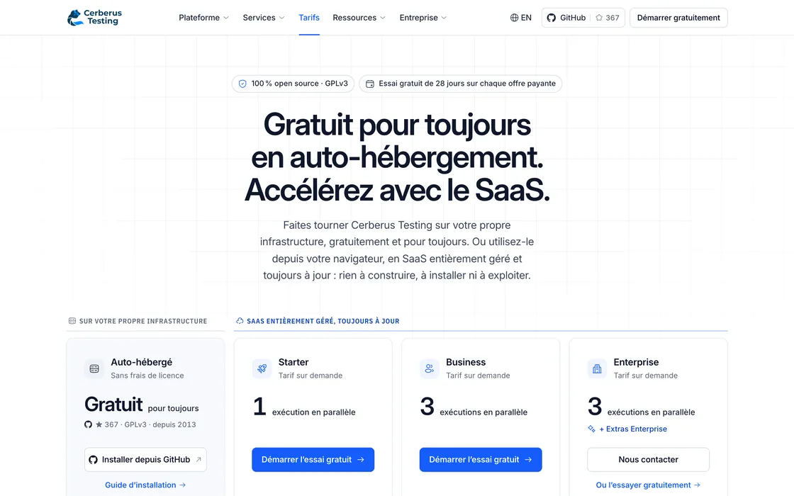 La nouvelle page Tarifs de Cerberus Testing sur ordinateur, en français : l’offre gratuite en auto-hébergement, puis trois formules.