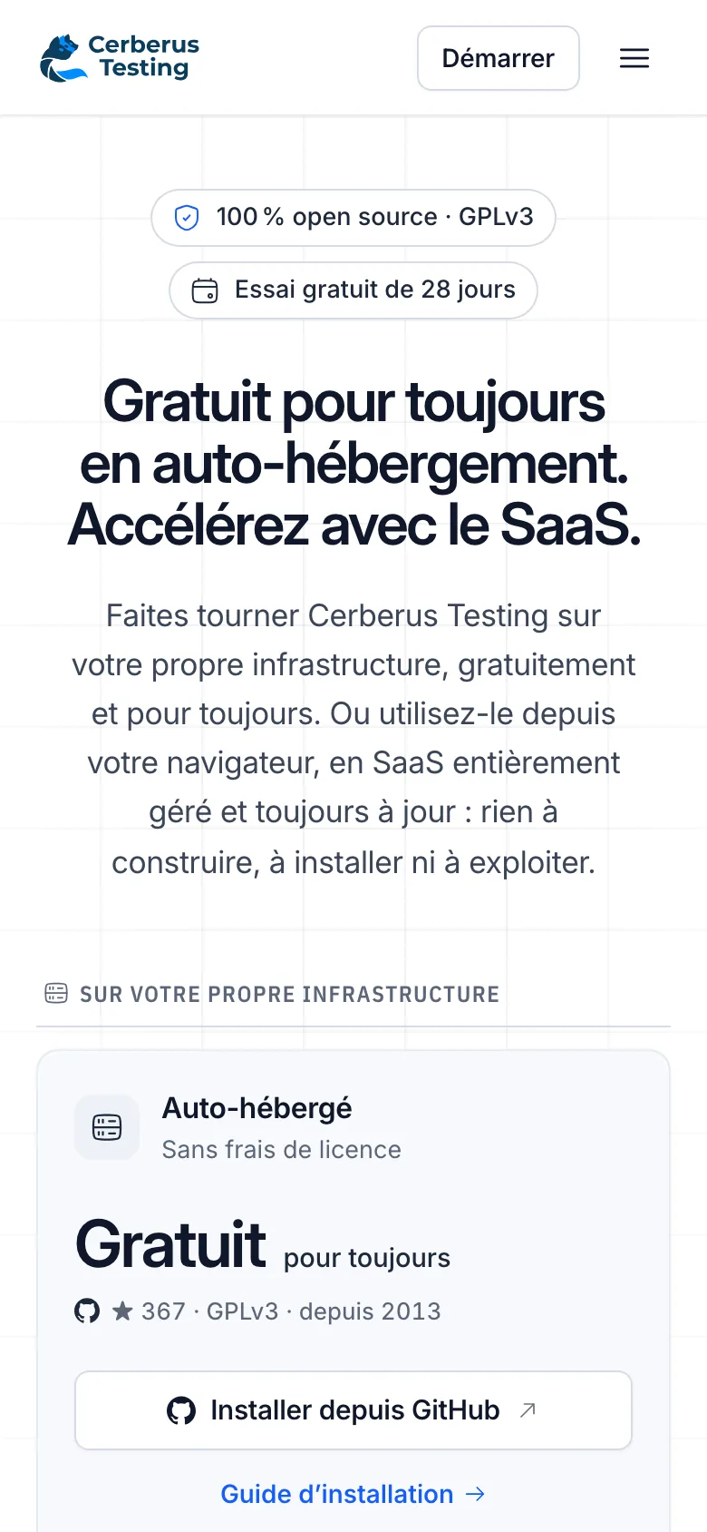 La même page Tarifs sur téléphone : le titre, puis l’offre gratuite en auto-hébergement.