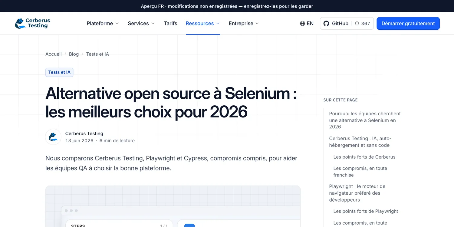 L’aperçu français d’un article, avec le bandeau « Aperçu FR : modifications non enregistrées — enregistrez-les pour les garder », l’en-tête du site, le fil d’Ariane, le titre, l’auteur et l’introduction.