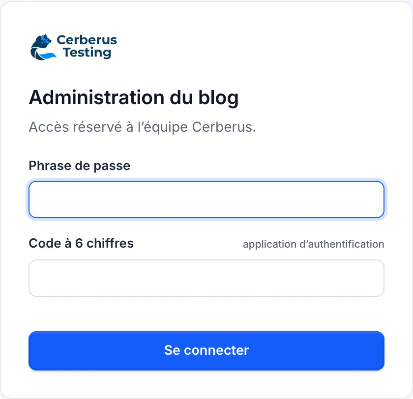 L’écran de connexion de l’espace : un champ « Phrase de passe » et un champ « Code à 6 chiffres » avec la mention « application d’authentification ».