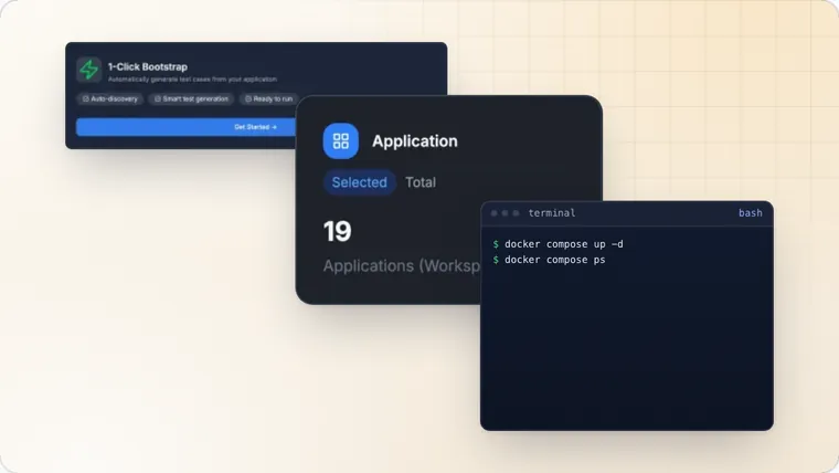Couverture composée : une carte « Application », un panneau et un terminal avec la commande docker compose, sur un fond sable quadrillé.
