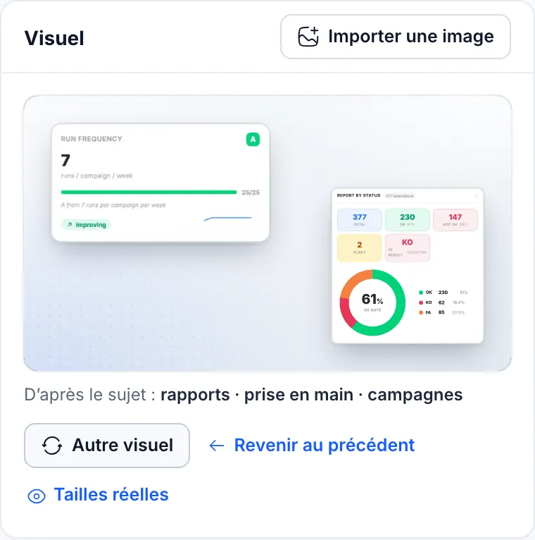 Le bloc « Visuel » de l’éditeur : la couverture composée, la mention « D’après le sujet » suivie de trois thèmes, les boutons « Autre visuel », « Revenir au précédent » et « Tailles réelles », et le bouton « Importer une image ».