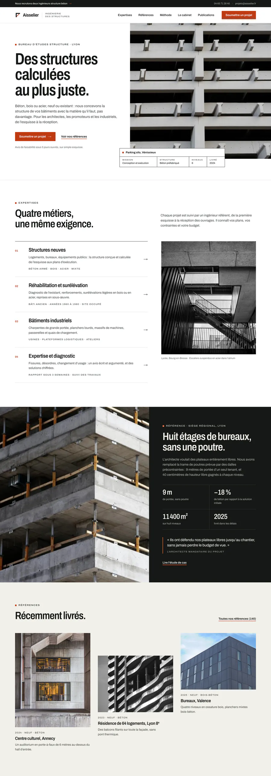 Exemple, entreprise fictive : la page d’accueil d’Aisselier, bureau d’études structure à Lyon, de haut en bas. Sa promesse, « Des structures calculées au plus juste », avec la photo d’un parking en béton ; ses quatre expertises ; un chantier de bureaux, ses chiffres et l’avis de l’architecte ; trois références récentes ; sa méthode en quatre étapes ; le cabinet ; ses publications ; enfin, un formulaire pour soumettre un projet.